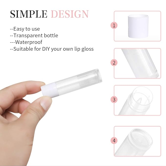 100 Sets Empty Lip Balm Tubes Bulk Round with White Caps for DIY Lipstick homemade, 3/16 Oz (5.5 ml), Clear, BPA Free, 100 Tubes and 100 Caps-BrightBean Baby