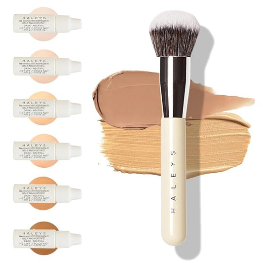 HALEYS Kabuki Makeup Brush + GWP Skin Tint Mini, VEGAN+CRUELTY-FREE, Sustainable Wood, Vegan Bristles for Airbrushed Finish, For Creams, Liquids, Powder, Streak-free, Perfect Blending, Buffs, Blurs-BrightBean Baby