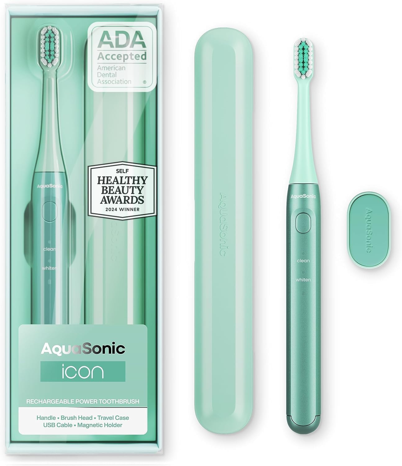 Aquasonic Icon ADA-Accepted Rechargeable Toothbrush | Magnetic Holder & Slim Travel Case | 2 Brushing Modes & Smart Timers | Gentle Micro-Vibrations (Mint)-BrightBean Baby