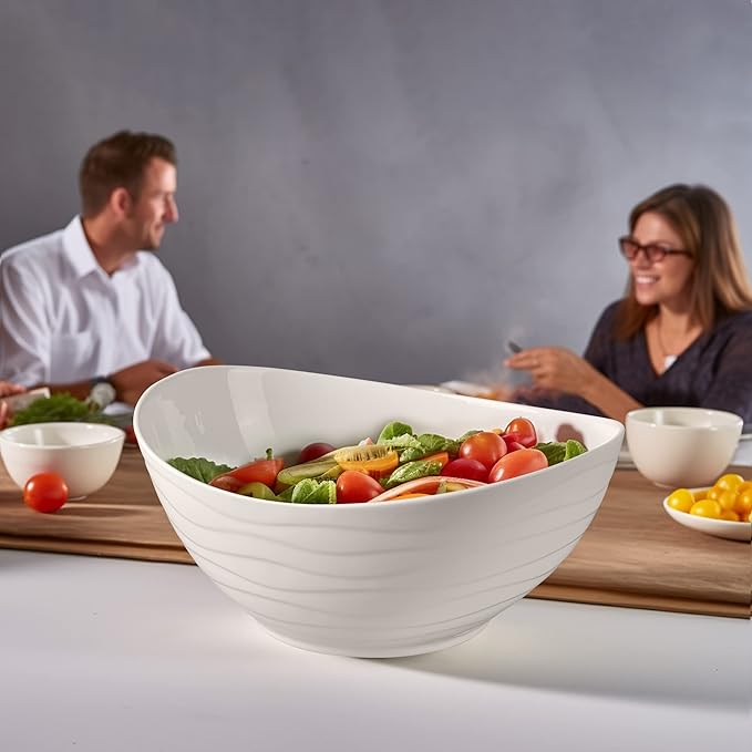 Extra Large Elegant Ceramic Oval Salad Bowl Set with Premium Acacia Wood Salad Serving Utensils - Large Capacity, Stylish and Practical, Kitchen Must-Have