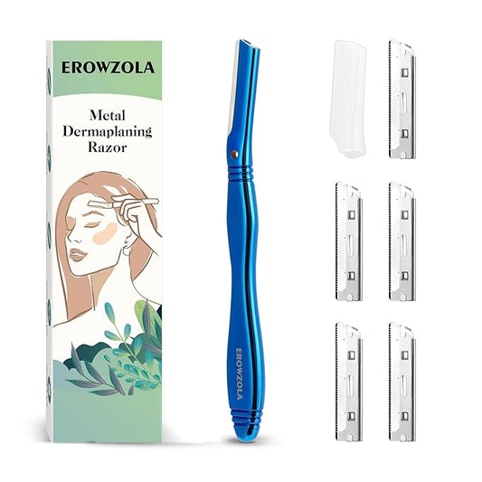 Dermaplane Razor for Women Face with 6 Refill Blades, Dermaplaning Tool Face Razors for Removes Facial Hair, Peach Fuzz, Reusable Metal Handle Eyebrow Razor (Blue)