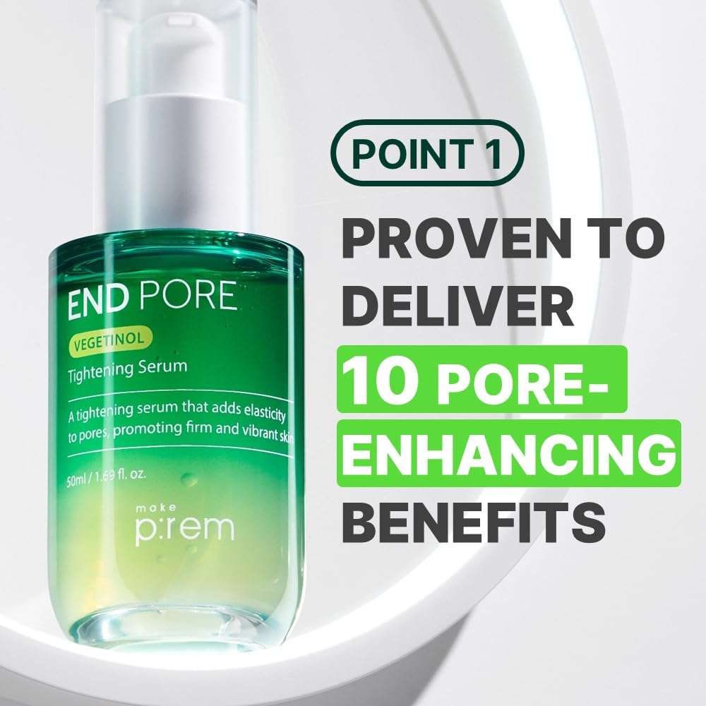 MAKE P:REM End Pore Vegetinol Tightening Serum, Pore Tightening Bakuchiol Serum with Vegan Collagen and Vitamin B Complex for Sensitive Skin, Korean Skin Care, 1.69 Fl. Oz, 50ml-BrightBean Baby