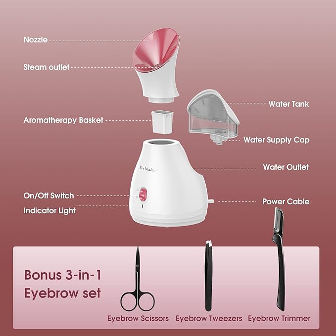 Newbealer 2in1 Facial Steamer, Hot Mist Facial Aromatherapy Humidifier Atomizer, Large Face Steamer Unclogs Pores Sinuses Moisturizing, Home Sauna Spa with Eyebrow Set (Red, 170ml)-BrightBean Baby