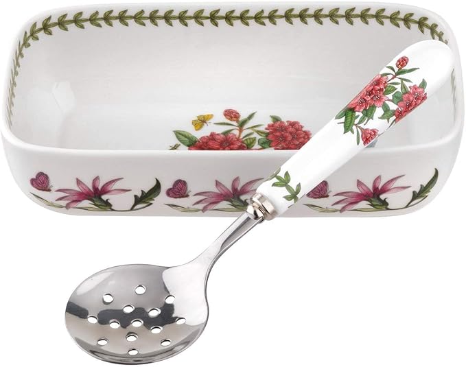 Portmeirion Botanic Garden Cranberry Dish with Slotted Spoon, 2-Piece Set, 8"x 4.25" Sauce Dish with 4.25" Serving Spoon, Rhododendron Flower Motif, Fine Porcelain, Dishwasher and Microwave Safe