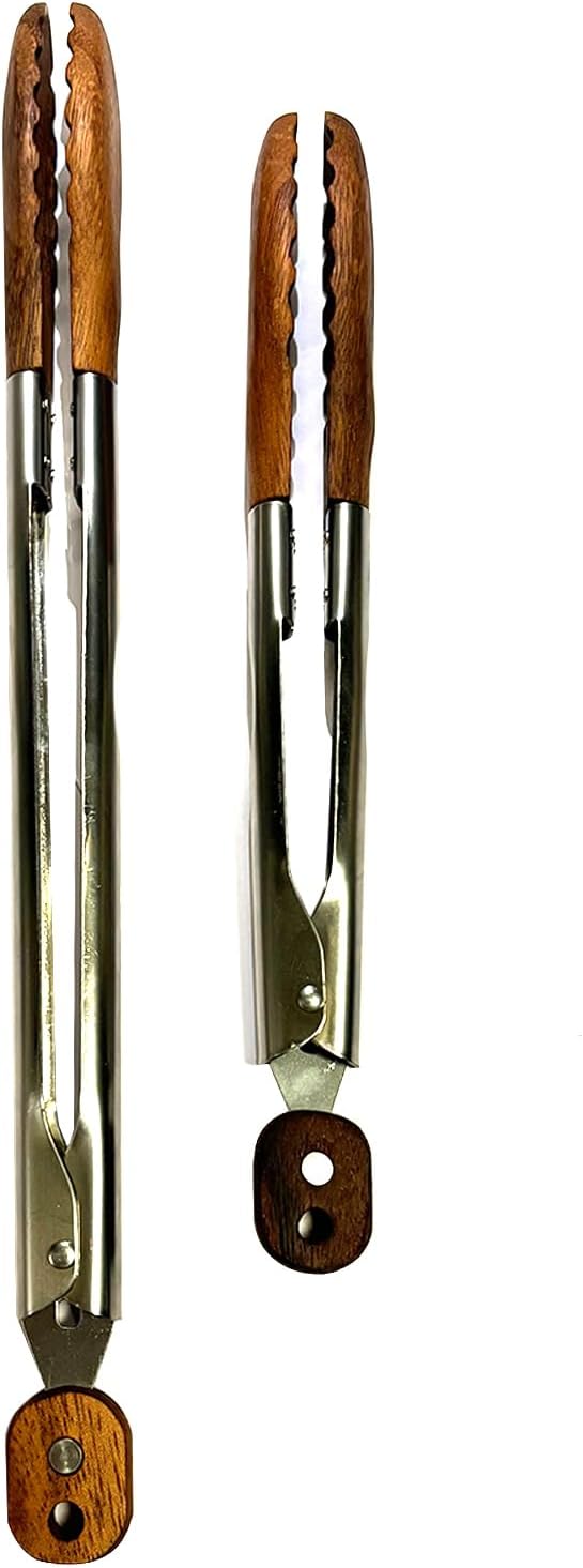 Lee's Clover Wooden Tongs for Cooking with Walnut Wood Tips & Stainless Steel Handle – Food & Kitchen Tongs for Serving, Salad, BBQ, Buffet, Grill (Small + Large)