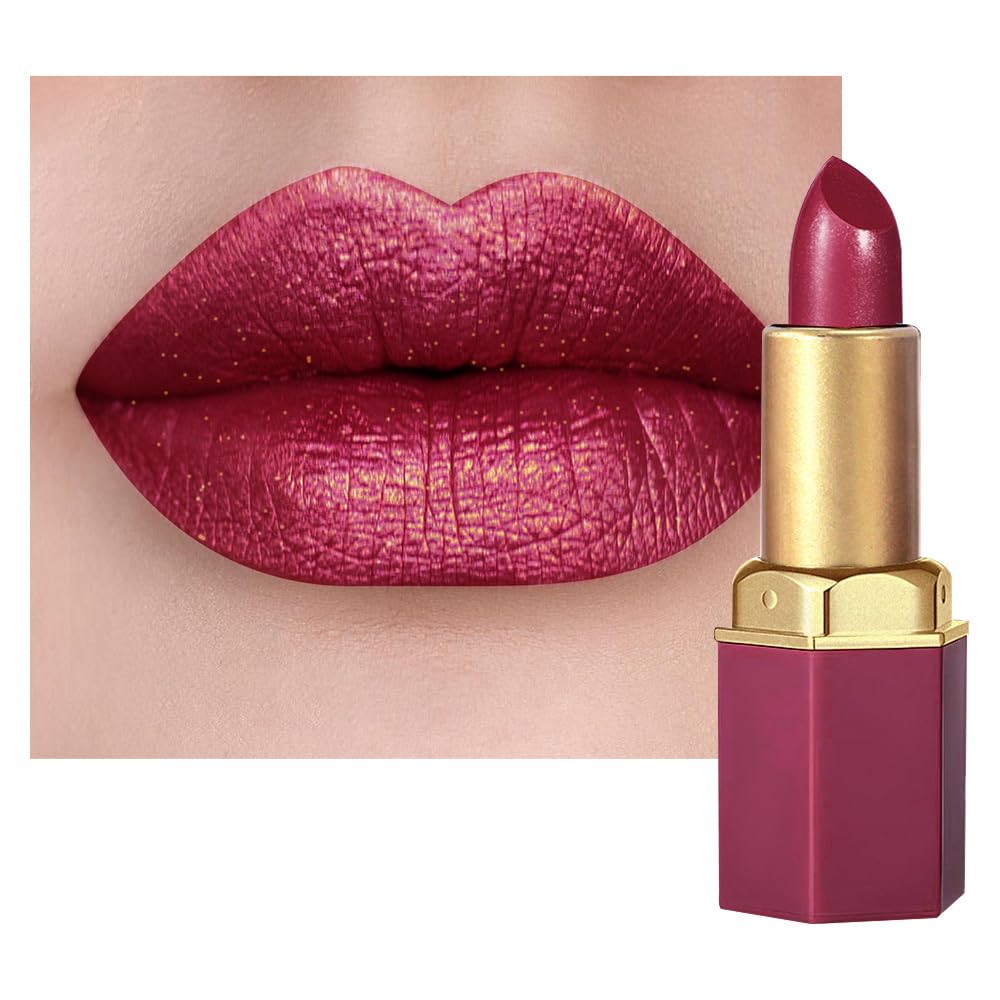 Plum Metallic Lipstick for Women,Lightweight Shimmer Frosted Lipstick,Glitter Lip Gloss Stain Long Lasting Waterproof Smudge Proof 24 Hour Full Coverage Lip Makeup,Vegan-BrightBean Baby