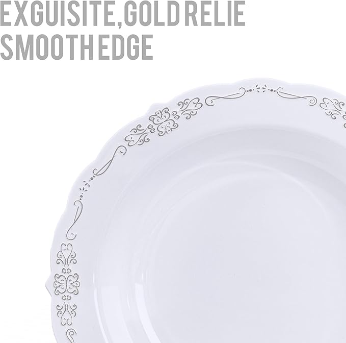 DaYammi 100 Pack Plastic Bowls with Silver Rim, 12oz Disposable Soup Bowls, Heavy Duty Dinner Bowls for Weddings, Parties, Dinners, Catering and Everyday Use