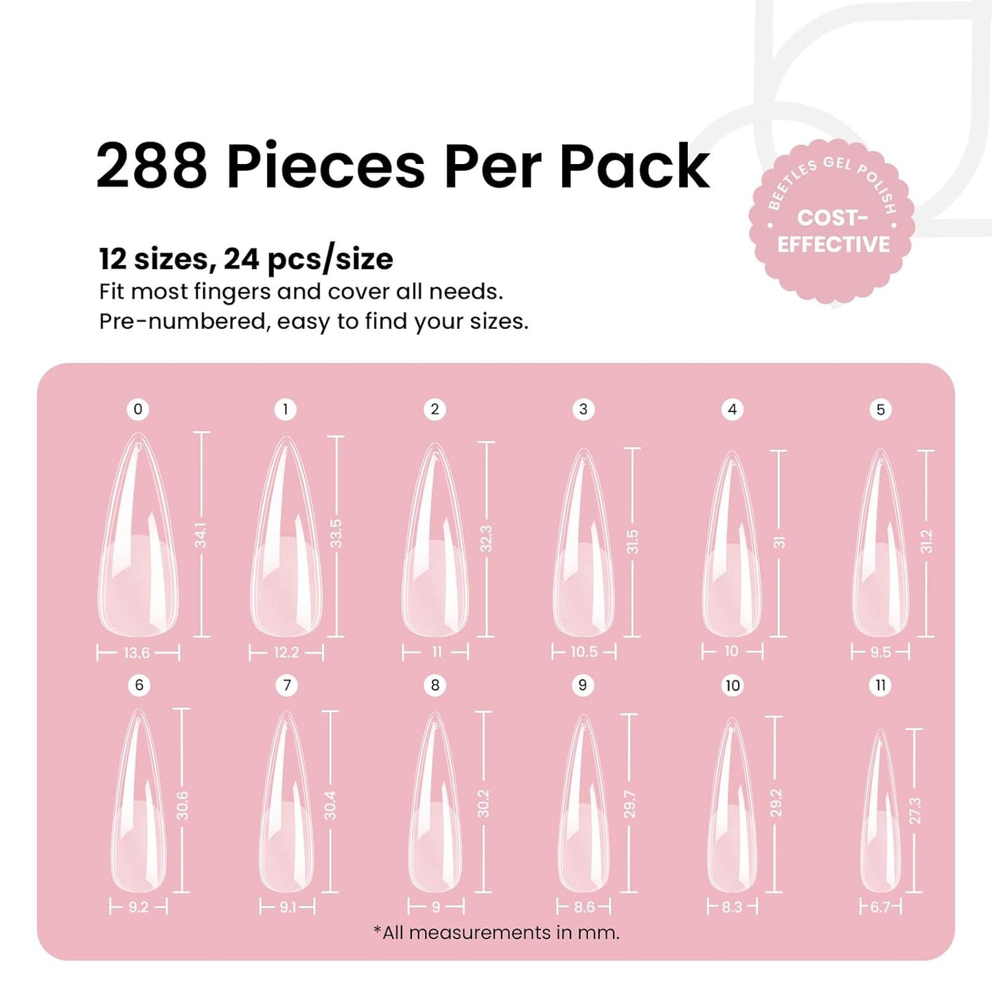 Beetles Gel Nail Tips Etch-X, Stiletto Medium, 288Pcs 12 Sizes, Pre-Etched Half Matte Full Cover Soft Acrylic False Nail Tips Pre-Shaped Easy DIY Fall Halloween Nail Extension Salon Gift for Women-BrightBean Baby