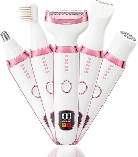 Electric Razors Shavers for Women, Bikini Trimmer 5 in 1 Electric Shaver Razor for Women Wet/Dry Face Razors for Face Nose Eyebrow Arms Armpit Legs Pubic Area Painless Facial Hair Removal