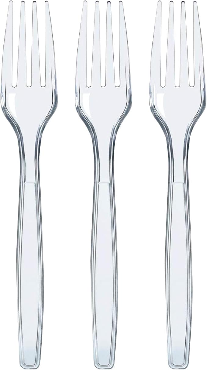 Prestee Clear Plastic Forks 100 Count - Heavy Duty Disposable Forks, Crystal Clear Silverware, Durable Plastic Utensils for Parties, Events, and Catering - Bulk Flatware Set for Any Occasion