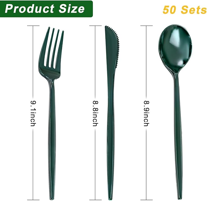 PULOTE 150PCS Green Plastic Silverware - Plastic Cutlery Set Disposable - Green Plastic Utensils Include 50 Forks, 50 Spoons, 50 Knives for Party&Christmas