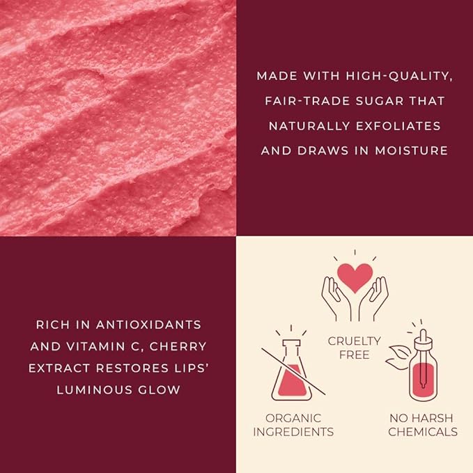 Lip Exfoliator Scrub and Lip Treatment - Gentle Lip Repair for Dry Cracked Lips and Lip Scrubs Exfoliator and Moisturizer - All Naturals Lip Brightening for Dark Lips (Cherry Honey)-BrightBean Baby