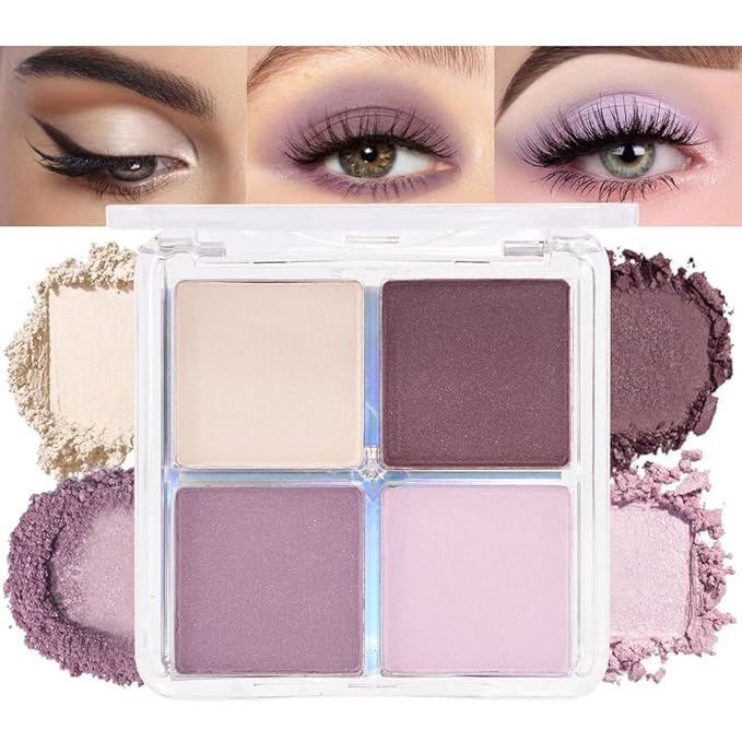 4 Colors Light Violet Pink Purple Brown Eye Shadow Powder Palette Makeup, Neutral Matte Shimmer Quads Eyeshadow Palette for Women Highly Pigmented Waterproof, paleta de sombras de ojos,Vegan 02-BrightBean Baby