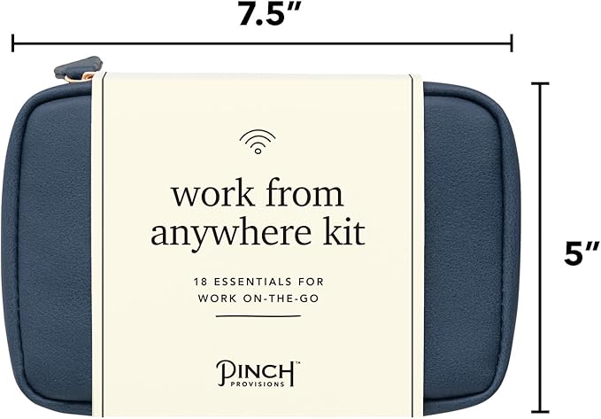 Pinch Provisions Work from Anywhere Kit, Includes 18 Essentials to Help You Stay on Task, Must-Have Essentials, Compact Multi-Functional Vegan Leather Pouch, Navy-BrightBean Baby