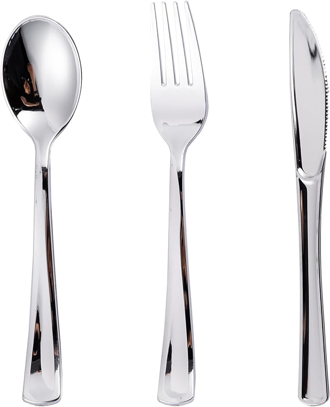 N9R 300PCS Silver Plastic Silverware Set, 100 Forks, 100 Spoons, 100 Knives, Heavy Duty Disposable Cutlery for Parties, Fancy Disposable Flatware for Weddings, and Daily Use