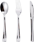 N9R 300PCS Silver Plastic Silverware Set, 100 Forks, 100 Spoons, 100 Knives, Heavy Duty Disposable Cutlery for Parties, Fancy Disposable Flatware for Weddings, and Daily Use