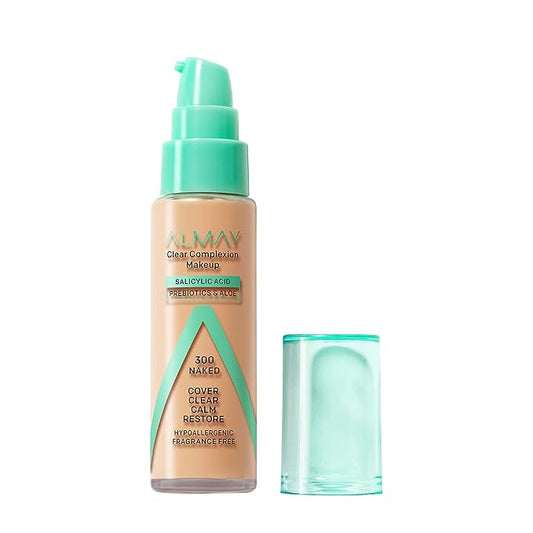 Almay Clear Complexion Acne Foundation Makeup with Salicylic Acid - Lightweight, Medium Coverage, Hypoallergenic, Fragrance-Free, for Sensitive Skin, 300 Naked, 1 fl oz.-BrightBean Baby