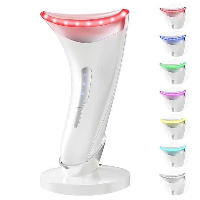 Red Light Therapy for Face and Neck, 7 Color Facial Massager with Adjustable Vibration and Thermals for Wrinkles, Double Chin, Portable Skin Care Tool with Base, White-BrightBean Baby
