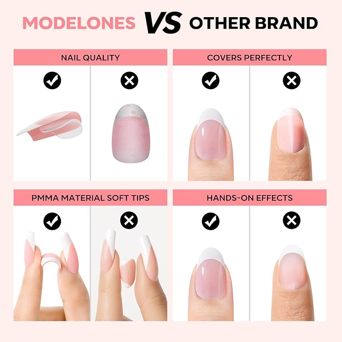 modelones French Tip Press on Nails, 150Pcs Short Almond Fake Nails with Nail Box, Pink Gel Nail Tips for Women, Soft Glue-On Nails for Natural Salon Look, DIY Nail Art Kit (15 Sizes)-BrightBean Baby