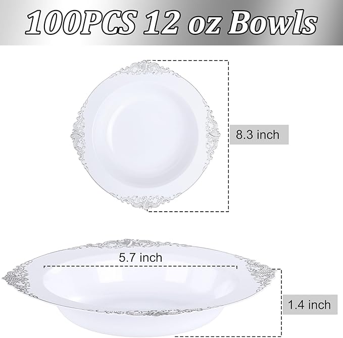 100PCS Silver Plastic Bowls - 12 oz Silver Disposable Salad Bowls - Heavy Duty Disposable Soup Bowl - Fancy Plastic Ice Cream Bowl for Weddings Parties Dinners Picnics