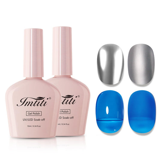 Imtiti Metallic Gel Nail Polish Set, 2 Pcs 10ml Chrome Mirror Shine GEl POlish & Sky Blue Jelly GEL Soak Off UV LED Spring Summer Art Manicure Salon DIY Design Kit-BrightBean Baby