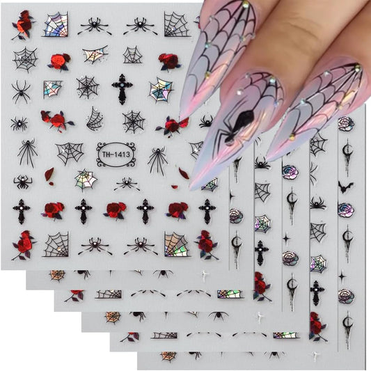 6 Sheets Halloween Nail Stickers Decals, 3D Spider Nail Sticker Decoration Self-Adhesive Colorful Red Rose Flowers Spider Web for Nails Stickers DIY Manicure Art Halloween Decoration-BrightBean Baby