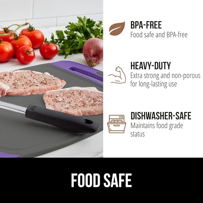 GORILLA GRIP BPA-Free Reversible Kitchen Cutting Board Set of 3, US Designed, Nonporous, Juice Grooves Catch Liquid, Slip Resistant Border, Dishwasher Safe, Durable Food Chopping Boards, Purple Gray
