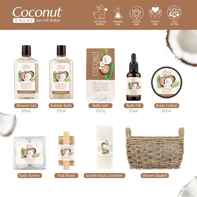 Bath & Shower Spa Basket Gift Set, Coconut Scent, with Shower Gel, Bubble Bath,Body Lotion, Bath Bomb,Bath Salt, Bath and Body Gift Box for Women-BrightBean Baby