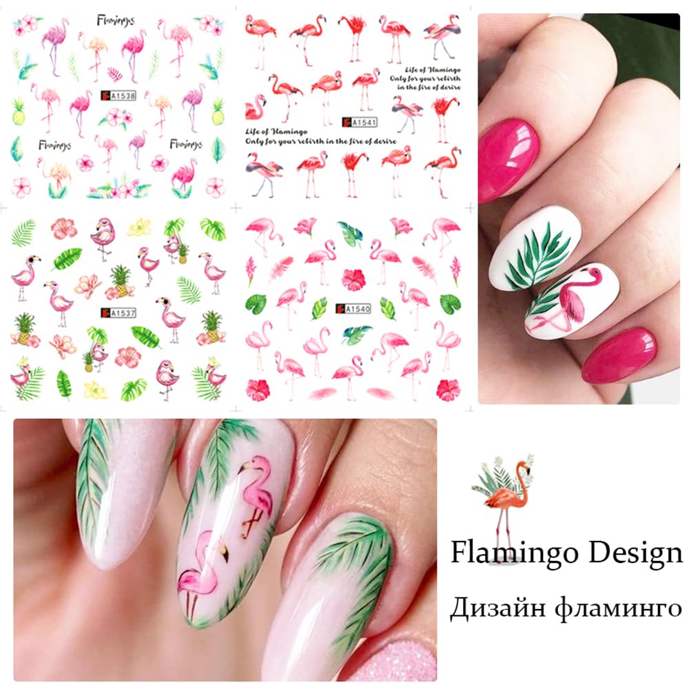 12 Sheet Flamingo Nail Art Stickers Cute Flamingo Green Leaf Design Water Transfer Nail Decals Summer Nail Art Decorations Waterproof Acrylic Nail Stickers for Women DIY Manicure Tips-BrightBean Baby
