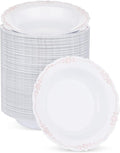 100 Pack White Plastic Bowls with Rose Gold Rim, 12oz Plastic Dessert Bowl, Bowls Disposable Heavy Duty for Hot Soup, Dessert, Salad, Cake, Ice Cream, Fruit