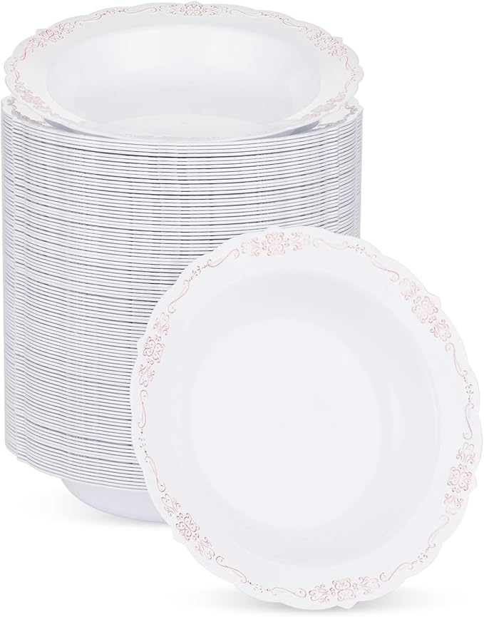100 Pack White Plastic Bowls with Rose Gold Rim, 12oz Plastic Dessert Bowl, Bowls Disposable Heavy Duty for Hot Soup, Dessert, Salad, Cake, Ice Cream, Fruit