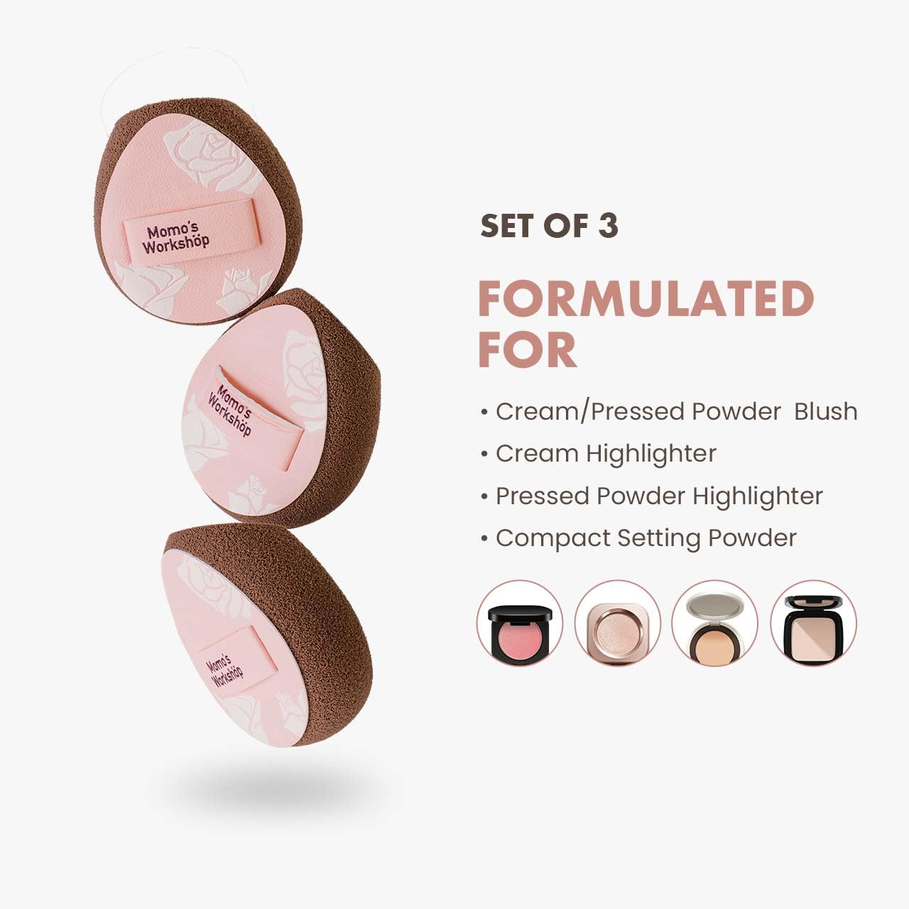 Multi-Use Mini Makeup Sponge Set,Oil-Control & Makeup Setting, Cut-Edge Design for Cream & Powder Products, for Oily Skin,Pink-Brown, 3PCS Mini Beauty Concealer Sponges & Storage Case-BrightBean Baby