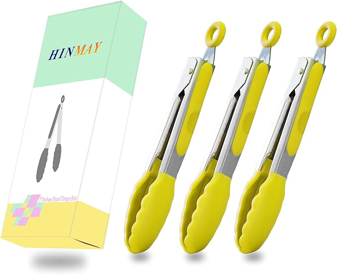 Small Appetizer Tongs 7-Inch Silicone Tipped Kitchen Tongs, Set of 3 (Yellow)