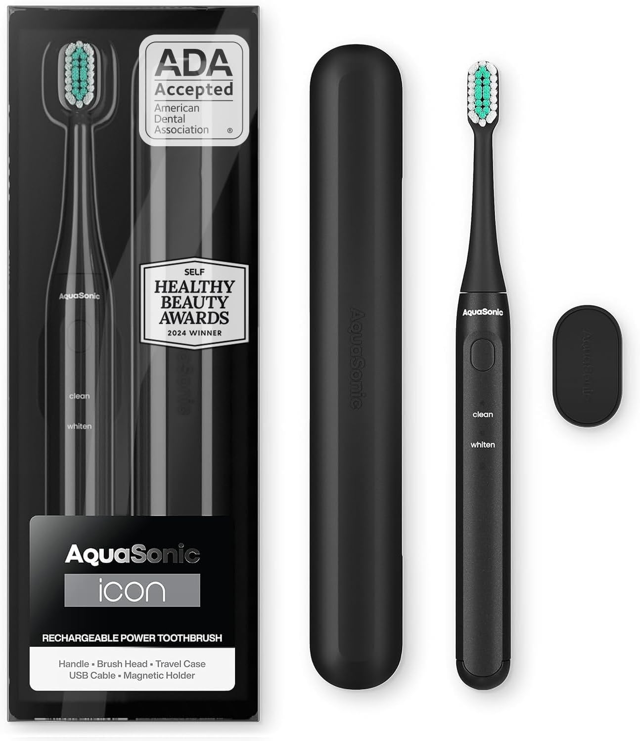 Aquasonic Icon ADA-Accepted Rechargeable Toothbrush | Magnetic Holder & Slim Travel Case | 2 Brushing Modes & Smart Timers | Gentle Micro-Vibrations(Onyx)-BrightBean Baby