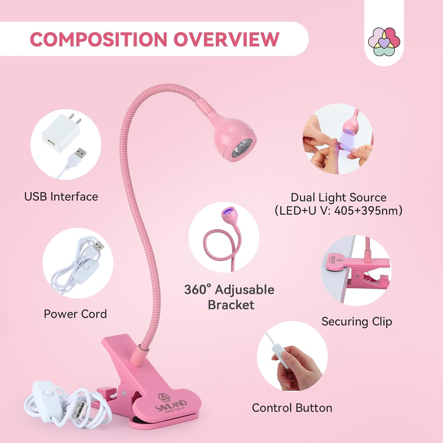 SAVILAND Gooseneck U V Lamp for Gel Nails: 2025 Pink LED U V Nail Gel Lamp 10s Flash Cure Light Gel Nail Tips Lamp with Desk Clip for Gel Nail Polish Mini Nail Dryer for Manicure Gel Light-BrightBean Baby