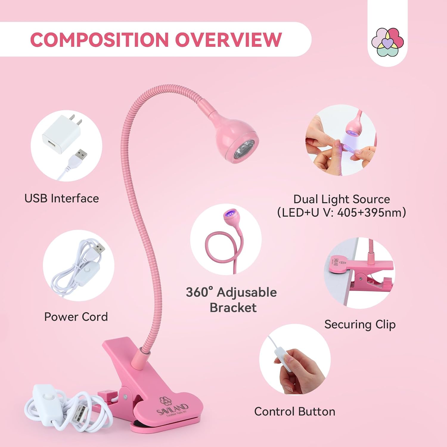 SAVILAND Gooseneck U V Lamp for Gel Nails: 2025 Pink LED U V Nail Gel Lamp 10s Flash Cure Light Gel Nail Tips Lamp with Desk Clip for Gel Nail Polish Mini Nail Dryer for Manicure Gel Light-BrightBean Baby