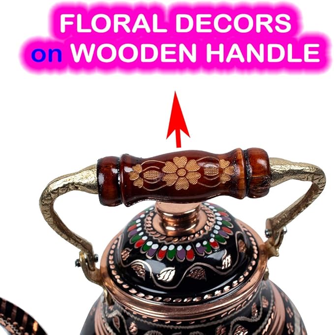 Vintage Copper Turkish TeaPot Tea Kettle Pot for Stovetop Stove Top Infuser Decorative Fancy Arabic Moroccan Party Serving Kitchen Antique Handmade Women Floral Unique Style Gooseneck Gift Decor