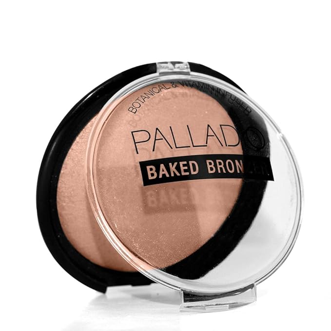 Palladio Baked Bronzer, Highly Pigmented and Easy to Blend, Shimmery Bronzed Glow, Use Dry or Wet, Lasts all day long, Provides Rich Tanning Color Finish, Powder Compact, Atlantic Tan-BrightBean Baby