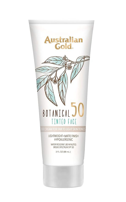 Australian Gold Botanical SPF 50 Tinted Face Sunscreen, Non-Chemical BB Cream, Water-Resistant, Matte Finish, Sensitive Skin, 3 FL Oz-BrightBean Baby