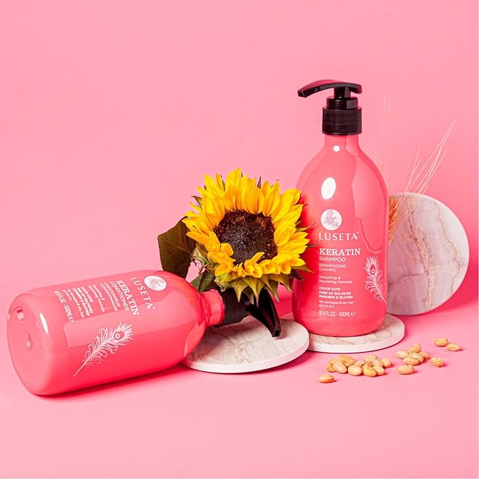 Luseta Keratin Shampoo Full + Travel Size Shampoo + Conditioner Set for Color Treated Damaged & Dry Hair, Keratin Hair Treatment for Smoothing& Nourishing (2x16.9 FL Oz + 2x1.01 FL Oz)-BrightBean Baby