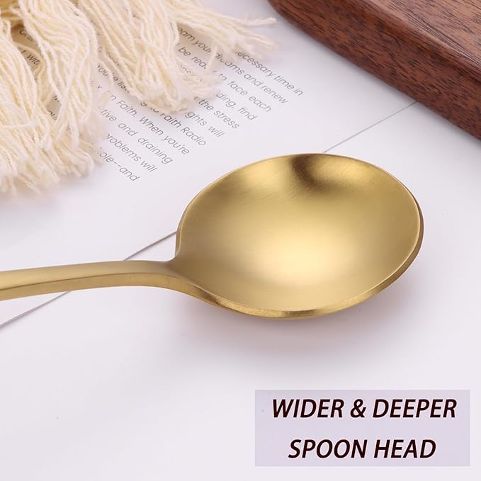 7" Round Soup Spoons Set of 4,18/10 Stainless Steel Heavy Duty with Deep Bowl,Matte Stain Finish,Dishwasher Safe(Gold)