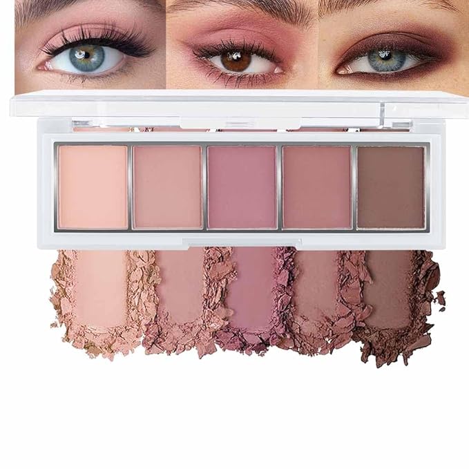 5 Colors Matte Pink Eyeshadow Makeup Palette, Nude Pink Rose Mauve Brown Cocoa Neutral Matte Cream Mini Eye Shadow Palette Makeup for Older Women Blue Green Eye, Blush Contour Palettes sombras de ojos-BrightBean Baby