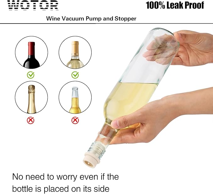 WOTOR Wine Saver Vacuum Pump with 8 Stoppers, Wine Stopper & Preserver, Reusable Bottle Sealer Keeps Fresh, Ideal Accessories Gift, Flat Handle (White)
