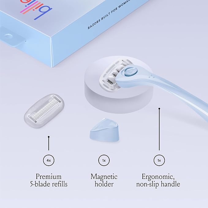 Billie Razors for Women Shave Kit – Women’s Razor + 4 x 5-Blade Razor Refills + Magnetic Holder – Cool Blue-BrightBean Baby