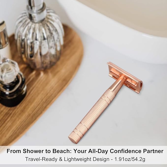 Matte Rose Gold Safety Razor, Single Blade Razors for Women, Reusable Metal Razor, with 10 Stainless Steel Double Edge Blades, Eco-friendly, Smooth & Close Shave, Plastic Free-BrightBean Baby