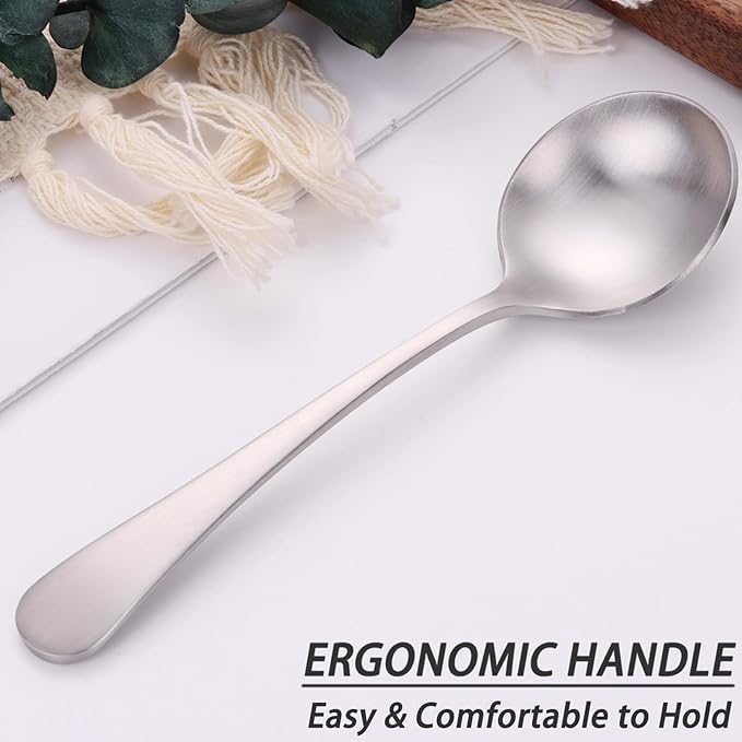 7" Elegant Soup Spoons Silverware Set,18/10 Stainless Steel,Matte Satin Finish,Dishwasher Safe(Set of 4,Silver)