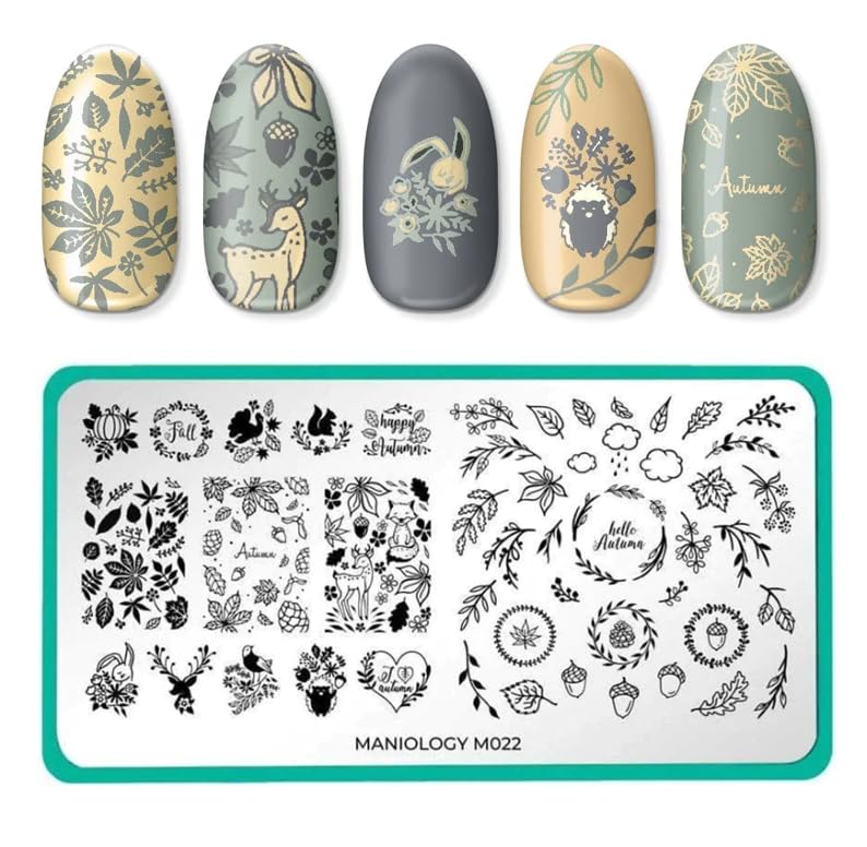 Maniology Friendly Forest Nail Stamping Starter Kit | Autumn Designs with Woodland Creatures, Fall Leaves & Cozy Seasonal DIY Manicures – with Stamping Plate, Polish, Top Coat, Stamper & Scraper Card-BrightBean Baby