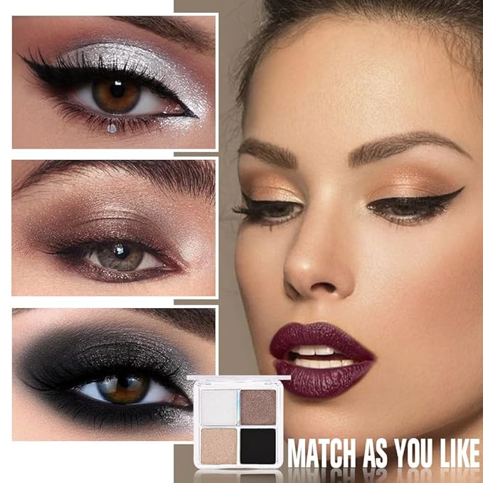4 Colors Dark Brown Gold Silver Black Eye Shadow Powder Palette Makeup, Neutral Matte Shimmer Cream Quads Eyeshadow Palette for Women Highly Pigmented Waterproof, paleta de sombras de ojos 04-BrightBean Baby