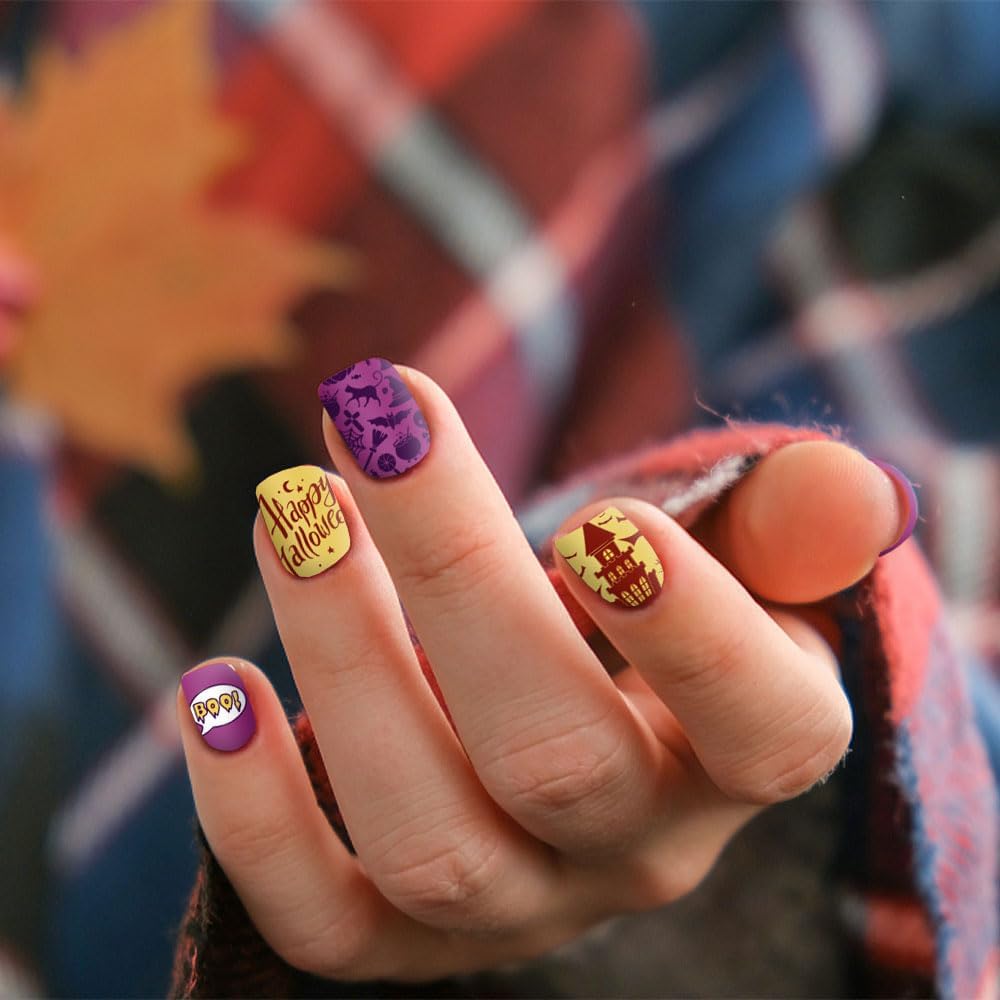 ALIBBON 6 Pcs Halloween Nail Stamping Plates Set, Ghost Pumpkin Background Nail Art Stamp Templates, Cat Spider Web Stamp Templates Kit, Castle Grave Metal Nail Plates for DIY Printing Decor-BrightBean Baby