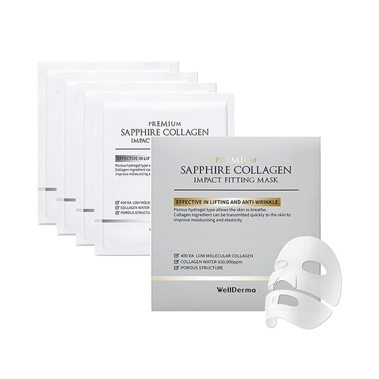 WELLDERMA Sapphire Collagen Face Mask Premium Impact Fitting Overnight Face Mask 4EA-Korean Face Sheet Mask for all skin types-Hydrating facial mask sheets-Patented Structure Hydrogel Type-Niacinamide-BrightBean Baby